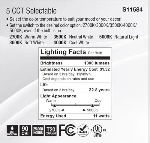 Vista 6 de Satco S11584; LED PAR30SN de 11 vatios; base media; acabado plateado; CCT seleccionable; 120 voltios; ángulo de haz de 60 grados