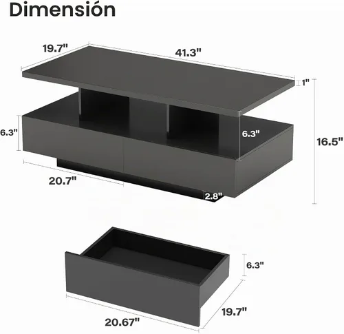 Vista 2 de LAUSAINT HOME Mesa de centro con almacenamiento, mesas de centro LED de 2 niveles para sala de estar con aplicación y control remoto, mesa de centro