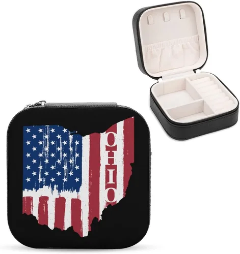 Vista 6 de Joyero pequeño con bandera de Ohio de Ohio, organizador portátil para anillos, aretes, collares, regalos para niñas y mujeres