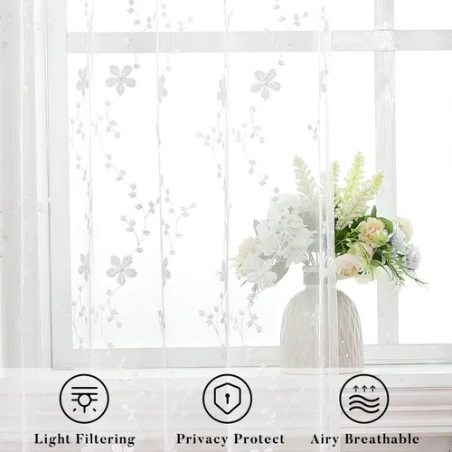 Vista 3 de WUBODTI Cortinas de encaje blanco de lujo de 63 pulgadas de largo, 2 paneles para dormitorio, bonitas cortinas bordadas florales de vid con ojales