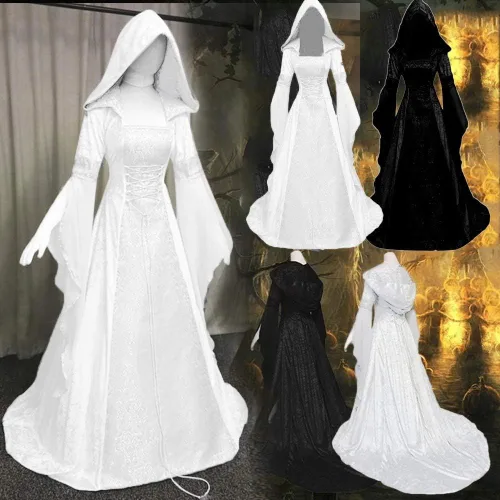 Vista 4 de Disfraces renacentistas para mujer, vestido gótico, vestido de bruja, disfraz medieval, talla grande, corsé victoriano, vestido de cosplay