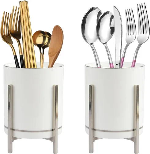Vista 10 de Organizador de cerámica para cubiertos, soporte redondo para utensilios, soporte para utensilios de cocina para encimera, taza de cerámica con borde