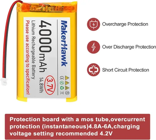 Vista 6 de MakerHawk Batería LiPo de 3.7 V 4000 mAh recargable 1S 124065 Batería de polímero de litio con placa de protección cinta de goma aislada, enchufe