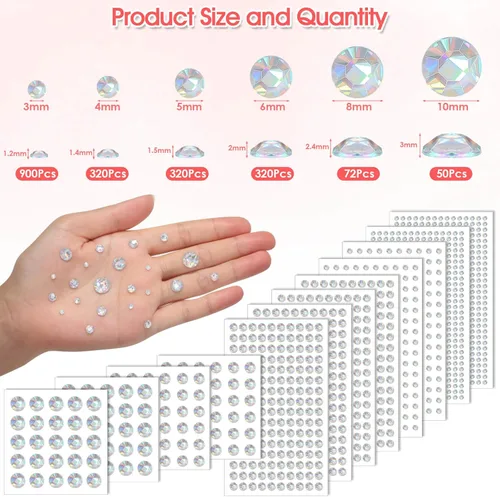 Vista 4 de 1982 calcomanías de diamantes de imitación de cristal AB para el cabello, diamantes de imitación autoadhesivos para la cara, joyas para cabello