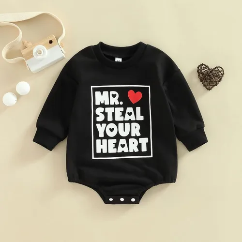 Vista 10 de SOLILOQUY Traje de manga larga con cuello redondo para el primer día de San Valentín para bebé niño y niña, mameluco de corazón de amor