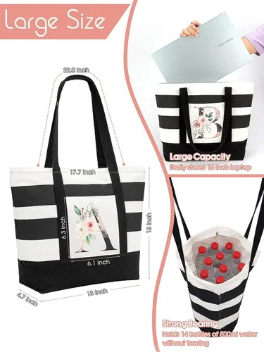 Vista 4 de PARBEE Bolso tote de lona con iniciales, diseño de rayas y flores, con cremallera superior, bolsas de playa grandes con monograma de regalo