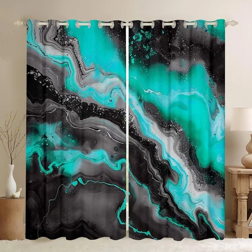 Vista 18 de Feelyou Cortinas abstractas para dormitorio, sala de estar, cortinas opacas de oscurecimiento negro y azul, con estampado de mármol, 2 paneles de 38