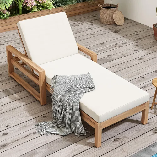 Vista 35 de Tumbona reclinable para patio al aire libre con respaldo ajustable de 5 posiciones y mesa auxiliar de madera, silla lounge para todo tipo de clima