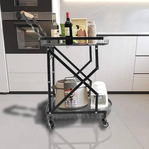 Vista 6 de Carrito plegable multiusos de 2 niveles, carrito de compras plegable móvil con caja de almacenamiento de ruedas y mango de madera para oficina, sala