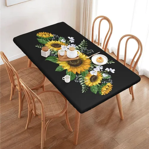 Vista 21 de Fiokroo Mantel de Flores de Crisantemo Azul, Amarillo y Azul Marino con Borde Elástico, Mantel Redondo Lavable y Reutilizable Cubierta de Mesa