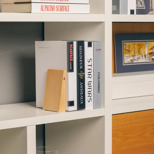 Vista 5 de TILISMA Sujetalibros de madera hechos a mano con base de metal, castaño - Soportes resistentes para libros para estanterías - Sujetalibros