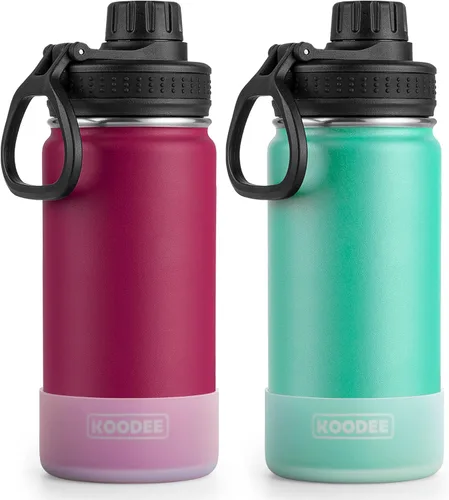 Vista 30 de Koodee Paquete de 2 botellas de agua, de 12 onzas, acero inoxidable, con aislamiento al vacío, con tapa de boquilla a prueba de fugas, color verde