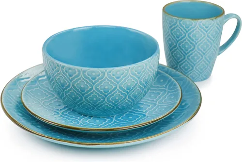 Vista 6 de Elama Aqua Lily - Vajilla de cerámica de lujo de 16 piezas con ajuste completo para 4