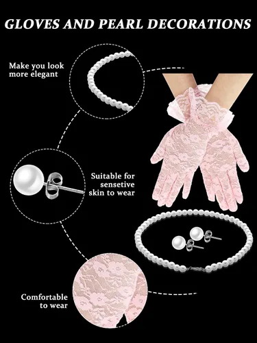 Vista 4 de Honoson Juego de 4 Sombreros Fascinadores para Mujer, Accesorio de Tocado para Fiesta de Té, Velo, Guante de Encaje, Juego de Perlas, Boda