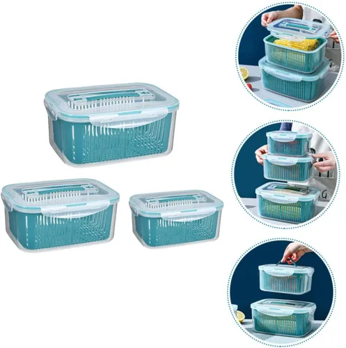 Vista 4 de 3 cajas de almacenamiento apilables para refrigerador con tapas a prueba de fugas y cestas de drenaje internas, escurridor multifuncional