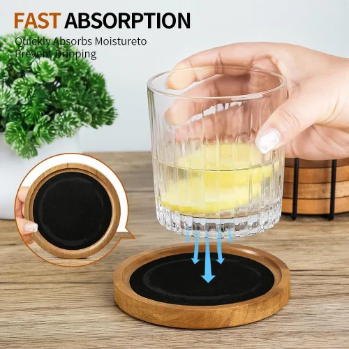 Vista 2 de Posavasos de madera para bebidas absorbentes con soporte, posavasos de fieltro rústico de 3.93 pulgadas para mesa de centro de madera para granja