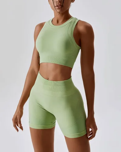 Vista 49 de Conjuntos de entrenamiento para mujer, 2 piezas, sin costuras, acanalada, sin mangas, brasier deportivo, cintura alta, pantalones cortos