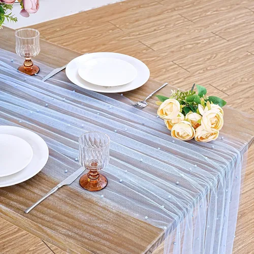 Vista 4 de LuoluoHouse Camino de Mesa de Perla para Centros de Mesa de Boda: Camino de Mesa de Perla de 10 pies, Decoración de Mesa de 29x120 Pulgadas de Tul