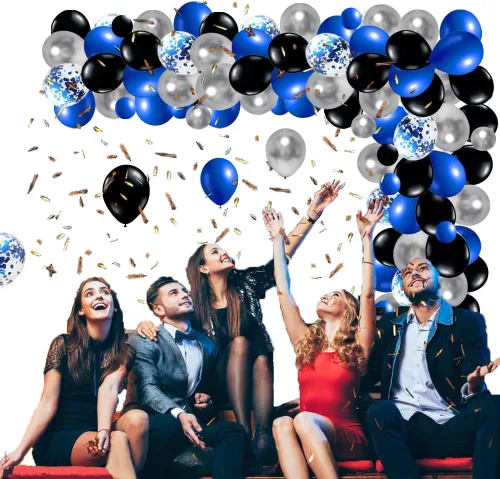 Vista 6 de Roya - Kit de arco de guirnalda de globos azules y negros, 124 globos de látex azul mate negro metálico plateado para videojuegos, fiestas, hombres