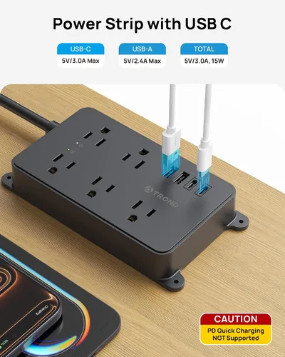 Vista 3 de TROND Regleta protectora contra sobretensiones, cable de extensión de 3 pies de enchufe plano, 5 tomas de corriente ampliamente espaciadas con 2 USB