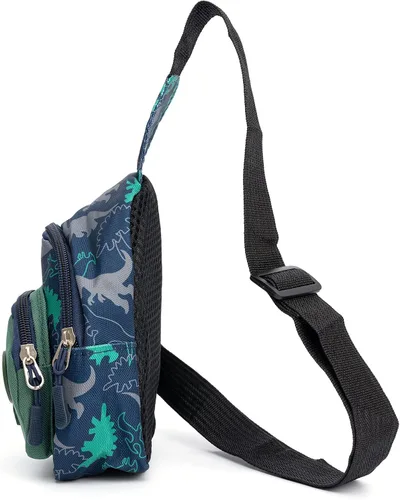 Vista 4 de Bolso bandolera para niños pequeños de dibujos animados de dinosaurios, bolso de hombro, monedero, mochila de cintura de nailon para niños de 1 a 5