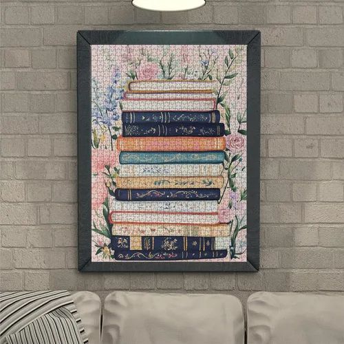 Vista 2 de Rompecabezas temático de libro clásico, rompecabezas para adultos de 1000 piezas, libros llenos de flores, rompecabezas de madera para adultos