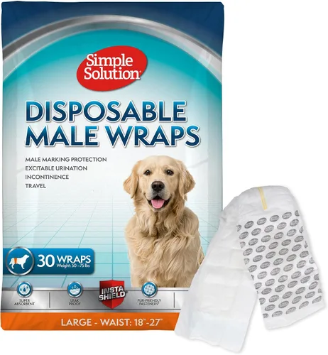 Vista 15 de Simple Solution Pañales Desechables Envolventes para Perros Machos, True Fit, Absorbentes, A Prueba de Fugas con Indicador de Humedad, Pañal