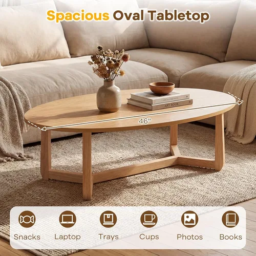 Vista 5 de GIANTEX Mesa auxiliar ovalada, mesa central de madera de 46 pulgadas para Natural