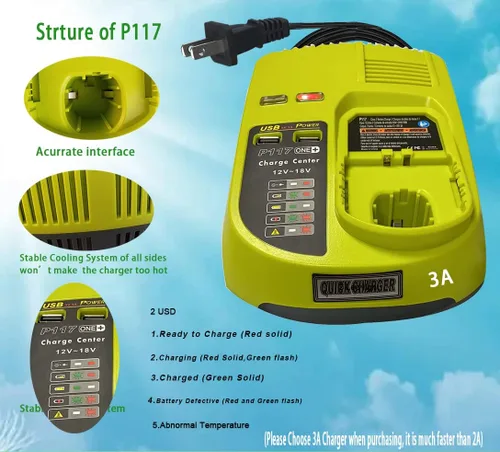 Vista 6 de Reemplaza el cargador de batería de 18 V ryobi P117 P118 P119 Química dual para cargar la batería Ryobi de iones de litio y Ni-cad Ni-Mh 12V 14.4V