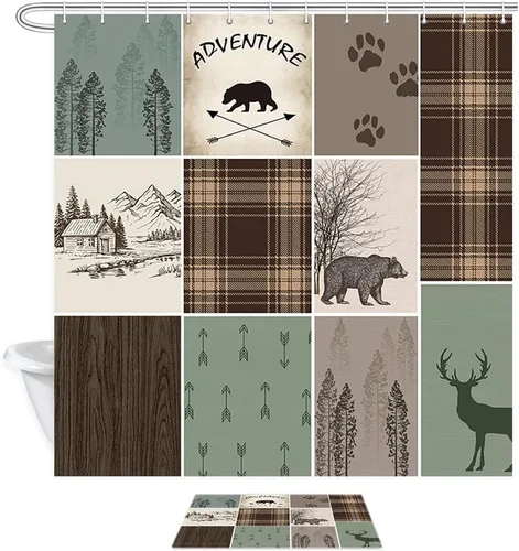Vista 6 de Alfombras de baño de cabaña retro rústicas para baño, osos, ciervos, caza, animales salvajes, franela para baño, ducha, antideslizante, tapete a