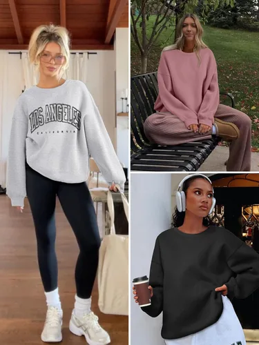 Vista 6 de ATHMILE Sudadera de gran tamaño para mujer, cuello redondo, forro polar, manga larga, sudaderas con capucha, tops de otoño, ropa de moda 2025