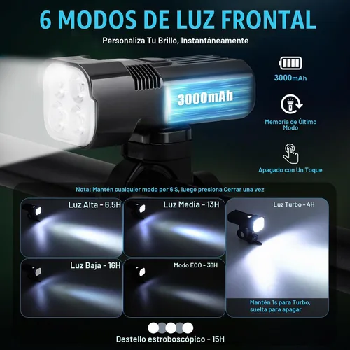 Vista 4 de Luz de bicicleta para montar por la noche, faro de bicicleta de 2000LM y luz trasera Multiple Modes, 3000mAh USB C Rechargeable Waterproof LED