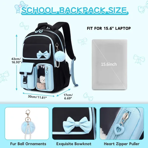 Vista 3 de Mochila para niñas, mochila escolar para niñas, bonita mochila con lazo para niñas, niños y adolescentes, para estudiantes de escuela primaria