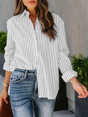 Vista 3 de siliteelon Camisas de algodón a rayas para mujer, con botones, manga larga, cuello para oficina, trabajo, blusas