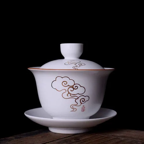 Vista 2 de Liang baobao Gaiwan - Taza de té de porcelana de 8 onzas, color blanco esmaltado con borde dorado, sopera china de gongfu, taza de té de gongfu
