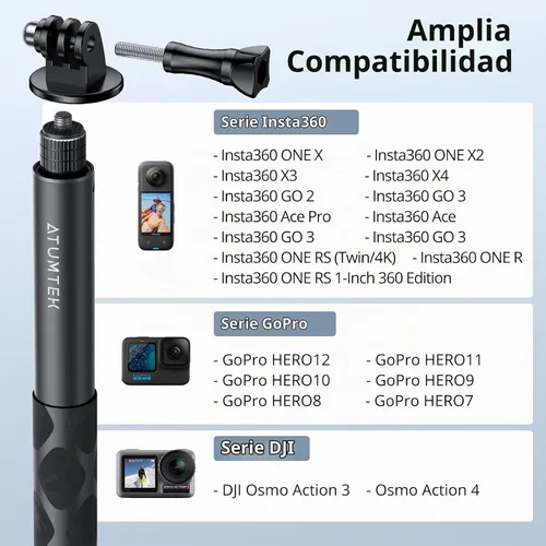 Vista 5 de ATUMTEK Palo selfie invisible de 52 pulgadas, poste monopie extensible de 1/4 pulgadas, diseño sólido y compacto para Insta360, para GoPro, DJI