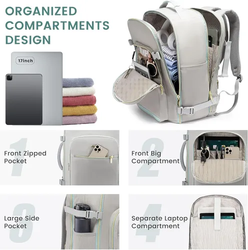 Vista 4 de LOVEVOOK Mochila de viaje grande de 40L para mujeres y hombres, mochila de mano aprobada por aerolíneas, Gris- verde, Mochila de viaje