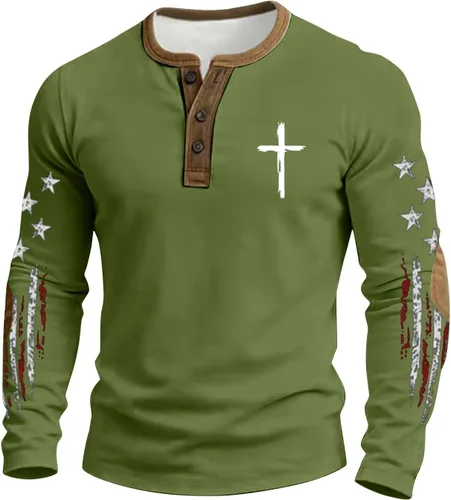 Vista 11 de Camisa Henley con la bandera estadounidense para hombre, cuello en V, manga larga, con estampado de Jesús, camiseta patriótica casual con botones