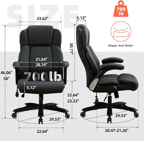Vista 2 de Silla de oficina grande y alta de 700 libras, silla de escritorio ejecutiva resistente con soporte lumbar inflable, asiento acolchado extra ancho