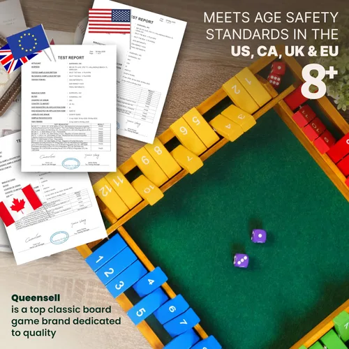 Vista 6 de Shut The Box Game Tablero de madera para 4 jugadores, juego de 14 pulgadas, 12 números para adultos y niños, ideal para noche
