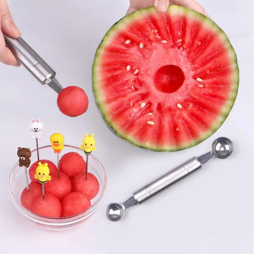 Vista 4 de 2 cucharas de melón Baller, formas de cortador de frutas de acero inoxidable, herramienta multifuncional para tallar cucharada de melón