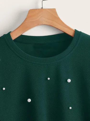 Vista 3 de WDIRARA Sudadera de manga larga con cuello redondo y cuentas de perlas para mujer, talla grande