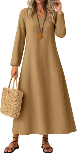 Vista 10 de Vestido de lino de algodón para mujer, de manga larga, holgado, ligero, básico, con cuello en V, vestido largo y modesto