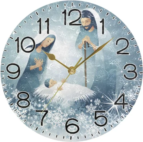 Vista 5 de Holy Family Nativity - Reloj de pared religioso de Navidad, funciona con pilas, sin tictac, silencioso, de cuarzo, analógico, rústico, rústico