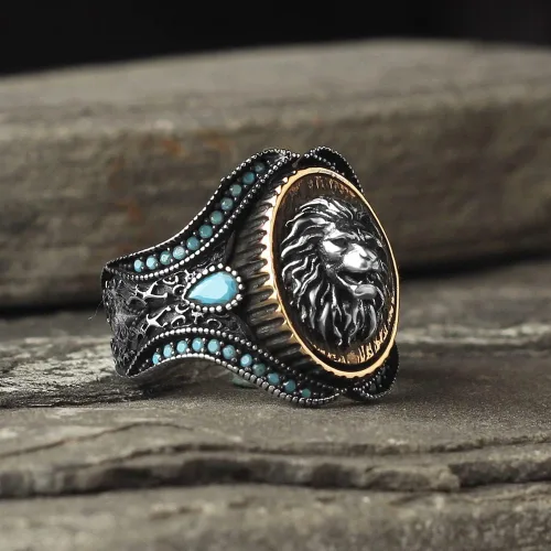 Vista 2 de 925 Sterling Silver Lion Head Men Silver Ring, Turquoise Stone Lion Men's Ring, Handmade Engraved Men's Silver Ring, Turkish Silver Ring