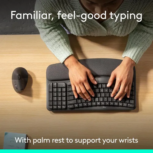 Vista 4 de Logitech Wave Keys & Lift - Combo ergonómico de teclado y mouse inalámbricos, con reposamanos acolchado, fácil de cambiar, Bluetooth, para sistema