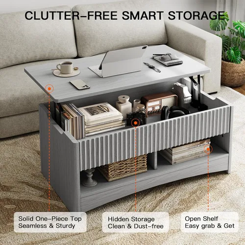 Vista 3 de Amada - Mesa de centro elevable con almacenamiento, mesa central moderna con compartimento oculto, mesas de centro rectangulares para sala de estar