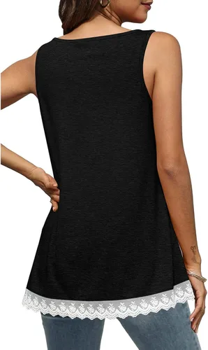Vista 2 de Women Crewneck Button Up Tank Top Casual Loose Pure Color Lace Trim Ruffle Hem Camisole for Daily Party Date