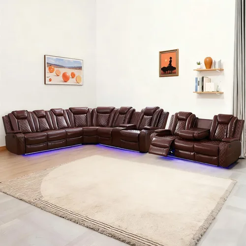 Vista 16 de Juego de sofá seccional reclinable con alimentación, juego de sofá modular reclinable de cuero negro en forma de L, sofá de cuero en forma de L