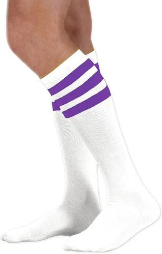Vista 20 de NEON NATION Calcetines de tubo unisex blancos hasta la rodilla con varias rayas de colores Blanco con rayas azules bebé